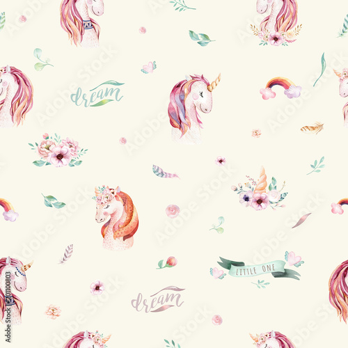 Cute watercolor unicorn seamless pattern with flowers. Nursery magic unicorn patterns. Princess rainbow texture. Trendy pink cartoon pony horse.