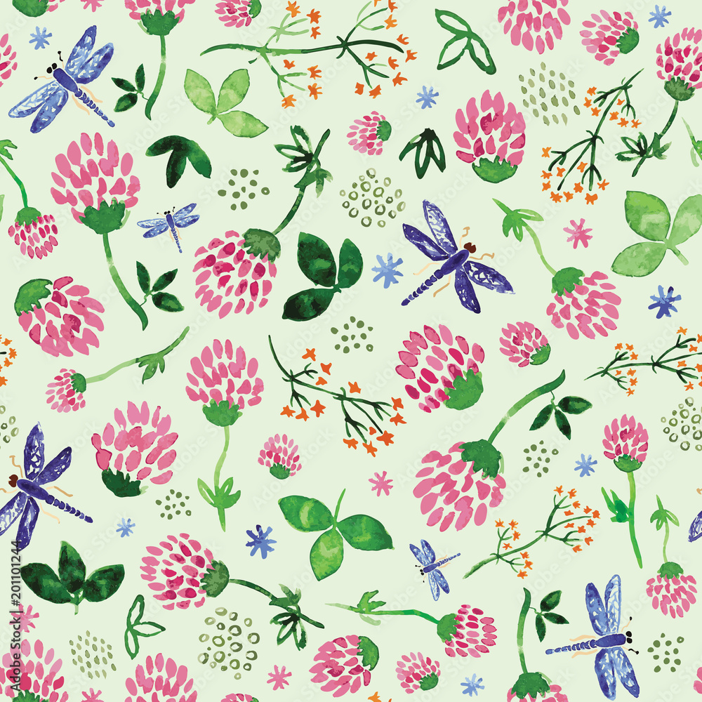 Seamless pattern with watercolor clovers, wild flowers and dragonflies on light green background