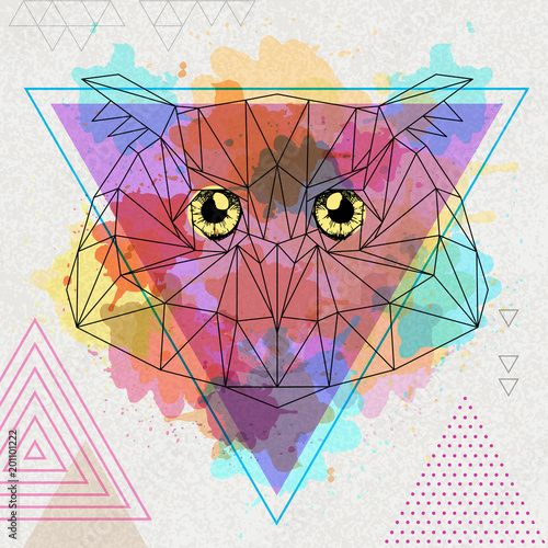 Fototapeta Naklejka Na Ścianę i Meble -  Hipster polygonal bird owl on artistic watercolor background