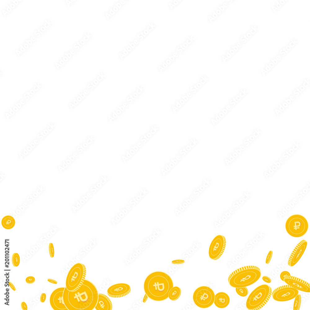 Russian ruble coins falling. Scattered disorderly RUB coins on white background. Sublime abstract bottom vector illustration. Jackpot or success concept. Russian ruble coins falling. Scattered disorderly RUB coins on white background. Sublime abstract bottom vector illustration. Jackpot or success concept.