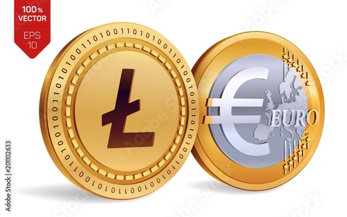 Litecoin. Euro coin. 3D isometric Physical coins. Digital currency. Cryptocurrency. Golden coins with Litecoin and Euro symbol isolated on white background. Vector illustration.