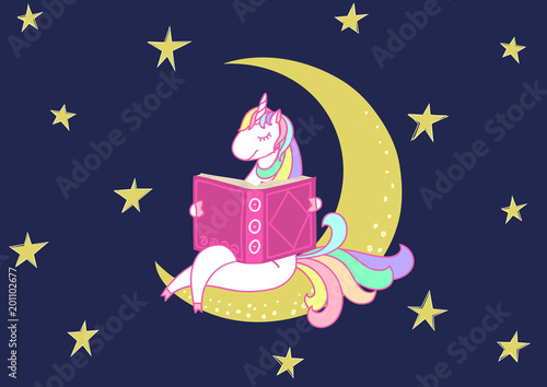 Cute unicorn reading bedtime story on the moon under night starry sky. Vector illustration.
