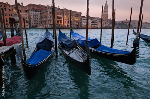Gondolas mooring line in front of San Marco Plaza. Venice  Italy