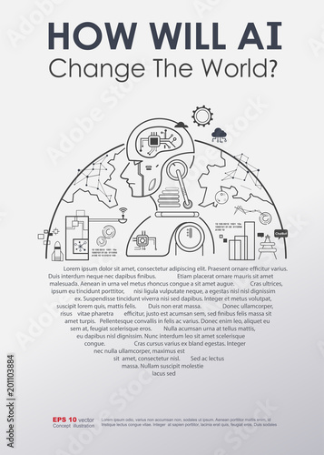 Artificial intelligence (AI) change the world half global concept, machine and deep learning, cloud computing, neural networks and printed circuit board (PCB). Vector line flat design to poster.