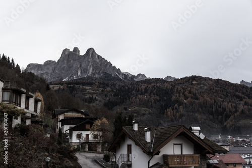 Beautiful view of Pale di San Martino in the italian Dolomites with blue cloudy sky. Fiera di Primiero