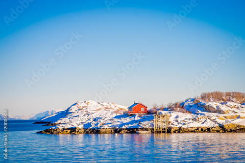 Outdoor view of a single red house over a rocky land in Henningsvaer on Lofoten islands photo