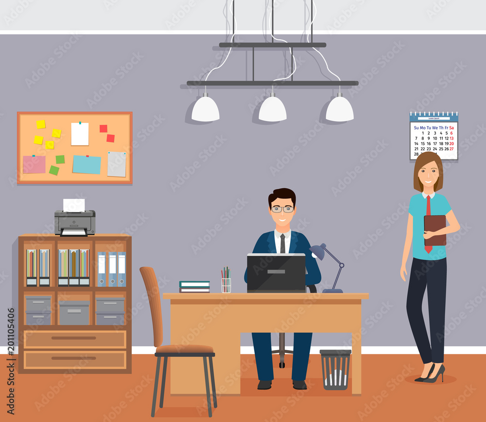 Businessman office employee sitting on working place at the table. Business workers character in office interior. Businessman office employee sitting on working place at the table. Business workers character in office interior.