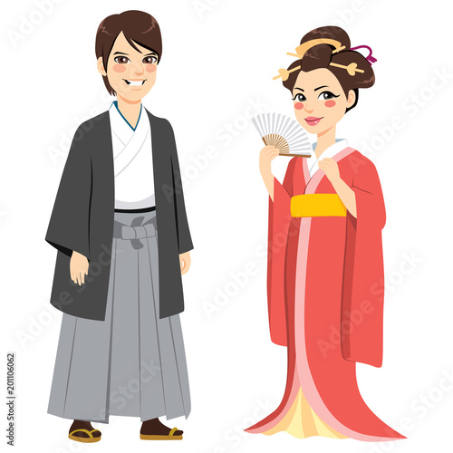 Young happy couple wearing Japanese traditional fashion clothing