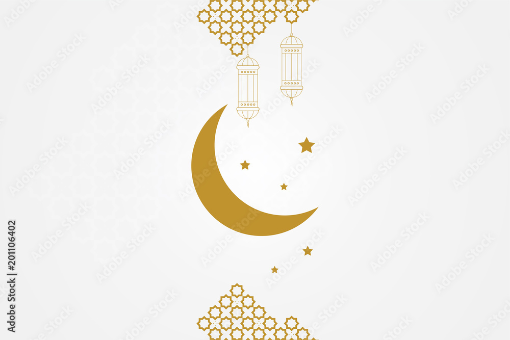 Obraz premium Ramadan kareem greeting card template. Islamic crescent moon, ramadan lamp or lanterns and muslim pattern element.