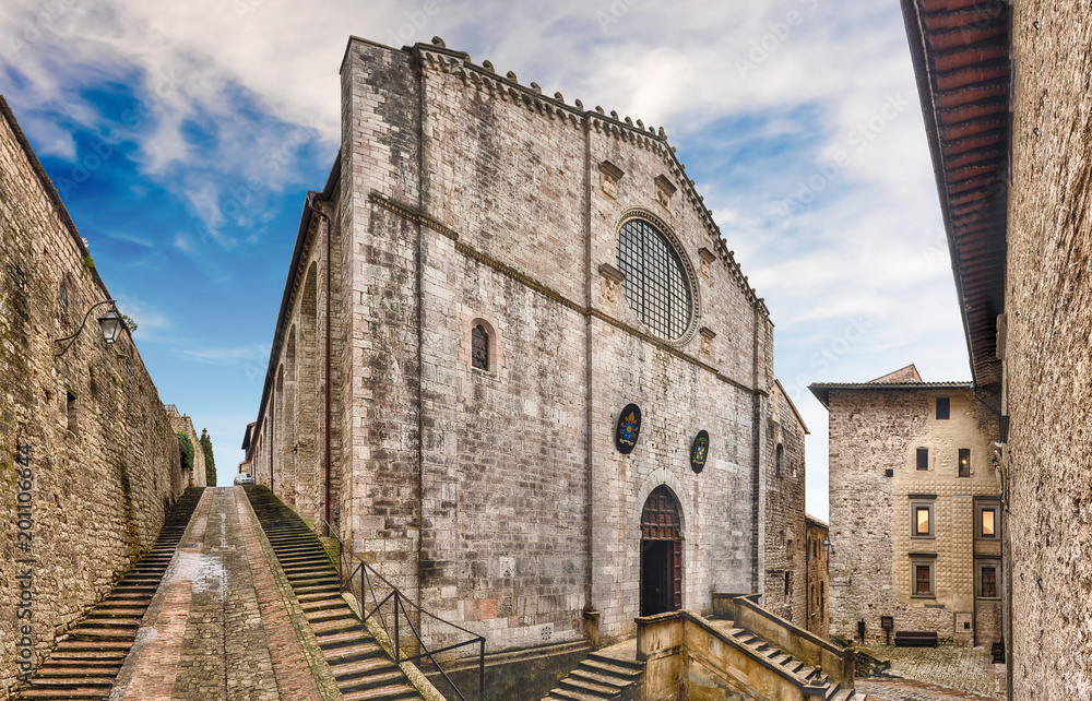 Panoramic exterior view of the medieval Cathedral of Gubbio, Italy