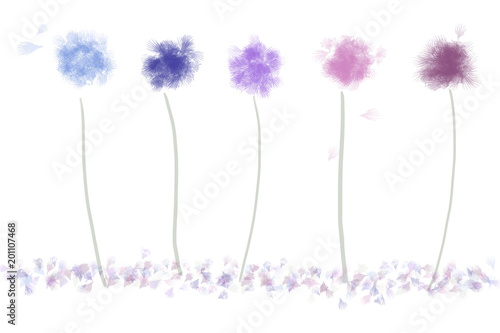 five pastel flower puffs  in a row  seeds floating away in the wind