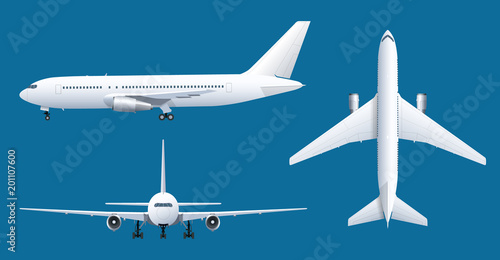 Airplane on blue background. Industrial blueprint of airplane. Airliner in top, side, front view. Flat style vector illustration.