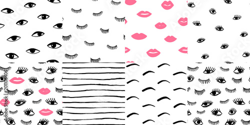 Hand drawn eye, pink lips doodles seamless pattern set in retro style. Vector beauty illustration of open and close eyes for cards, textiles, wallpapers, backgrounds.
