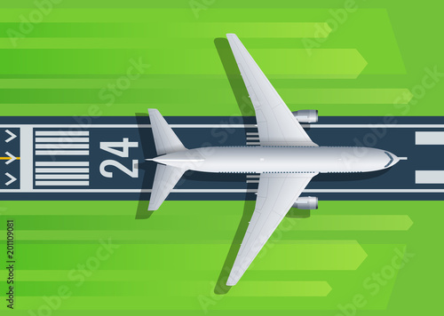 Passenger plane fly up over take-off runway from airport. For airline, travel, transport company web page design. Vector illustration