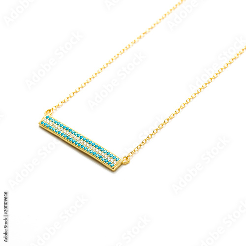 Gold Turquoise and Diamond Bar Necklace photo