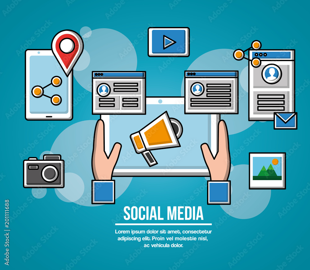 people social media networks hands catching screen documents profile photos video share phone location vector illustration people social media networks hands catching screen documents profile photos video share phone location vector illustration