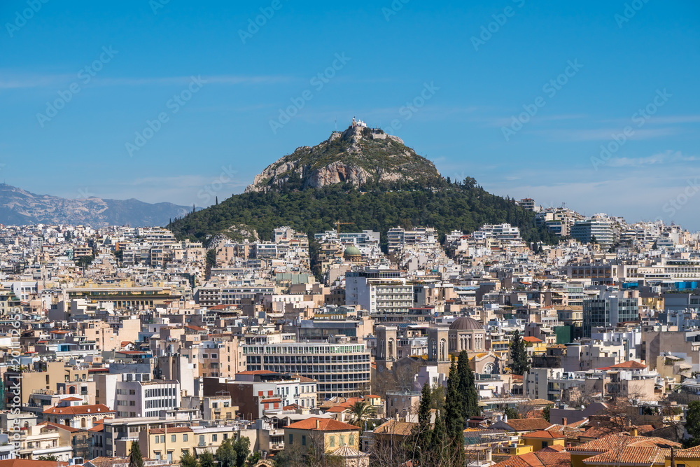Cityscape of Athens and Lycabettus Hill in the background, Athens, Greece