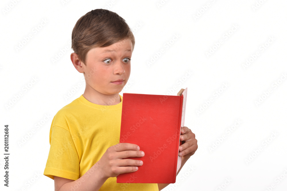A schoolboy with a book. Emotional boy on a white background. Portrait of a teenager. A schoolboy with a book. Emotional boy on a white background. Portrait of a teenager.