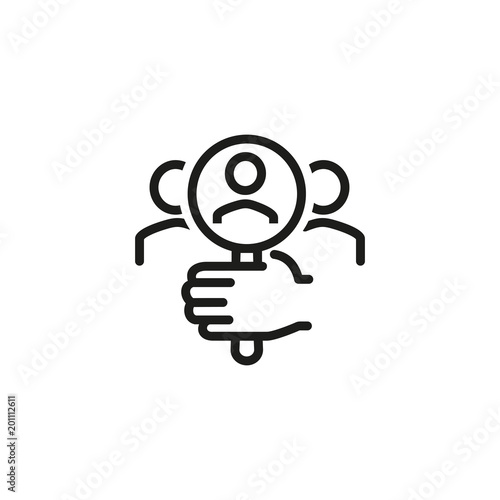 Hand with magnifying glass at group icon. Customer discovery