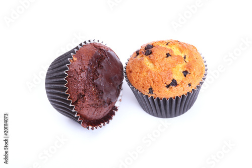 Chocolate, raisin and nut muffins, homemade cupcake isolated on white background.