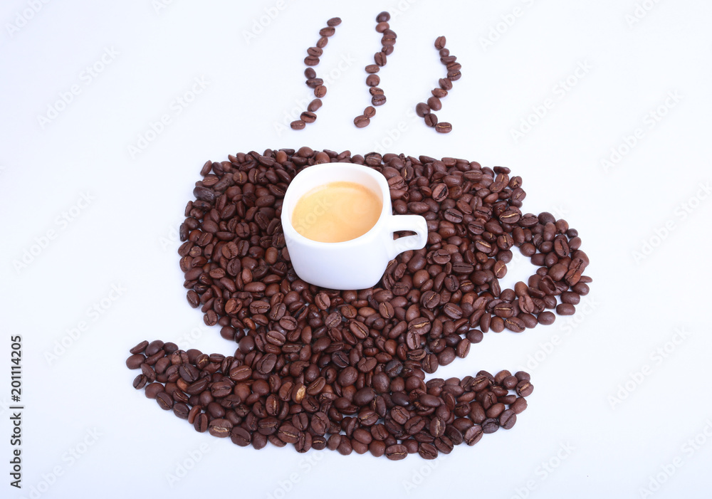 Fresh tasty espresso cup of hot coffee with coffee beans on white background. Fresh tasty espresso cup of hot coffee with coffee beans on white background.