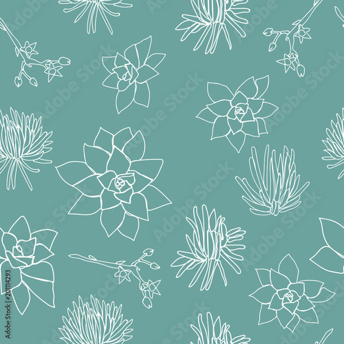 White Succulent Line Shapes on Petrol Background Seamless Repeat Pattern