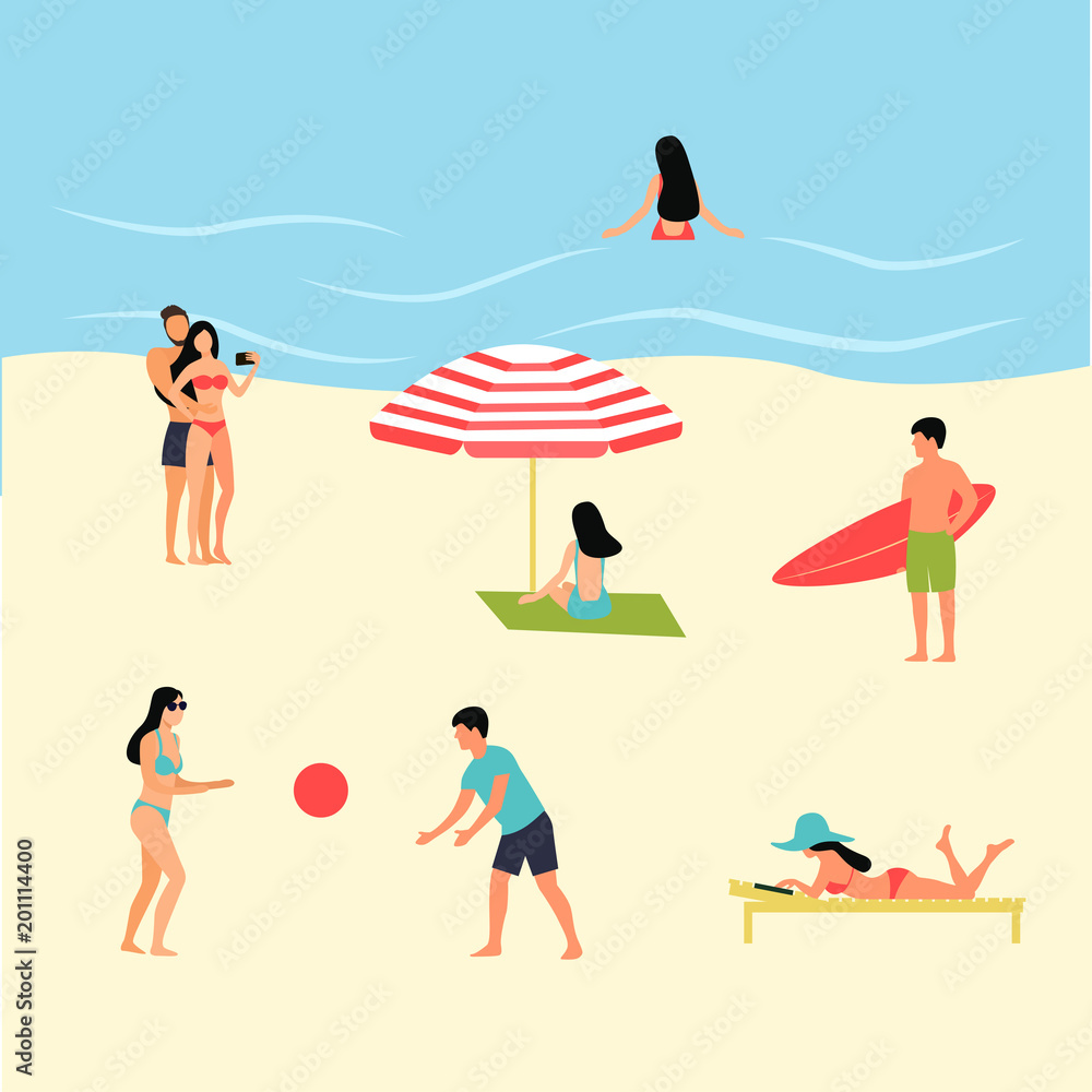 Abstract cartoon people on the beach. Surfer boy, people play with ball, swimming, girls sunbathe, couple makes selfie. Vector flat illustration Abstract cartoon people on the beach. Surfer boy, people play with ball, swimming, girls sunbathe, couple makes selfie. Vector flat illustration