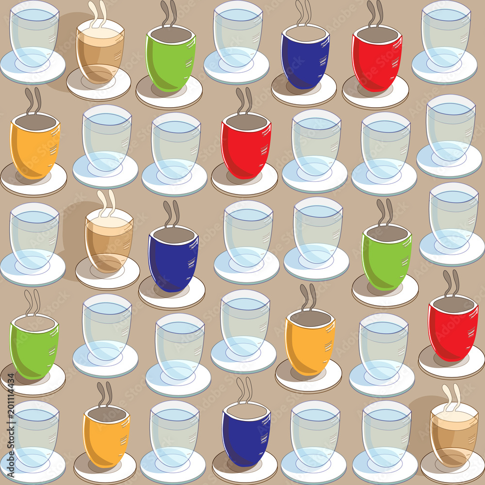 Coffee cups Tea Cups and Glasses of Water Seamless Repeat Pattern in Blue Red Green Yellow Coffee cups Tea Cups and Glasses of Water Seamless Repeat Pattern in Blue Red Green Yellow