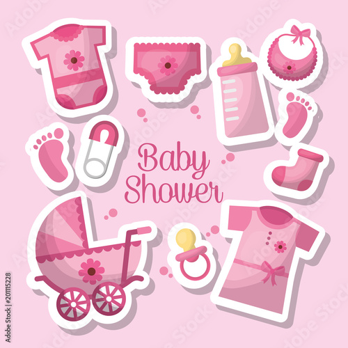 happy baby shower toes clothes bottle milk socks safety pin s  pram  breeches celebration vector illustration