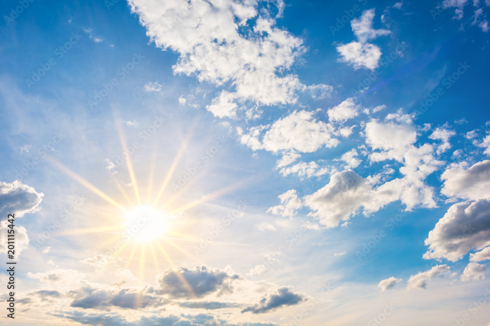 Sunny background, blue sky with white clouds and sun Stock Photo ...