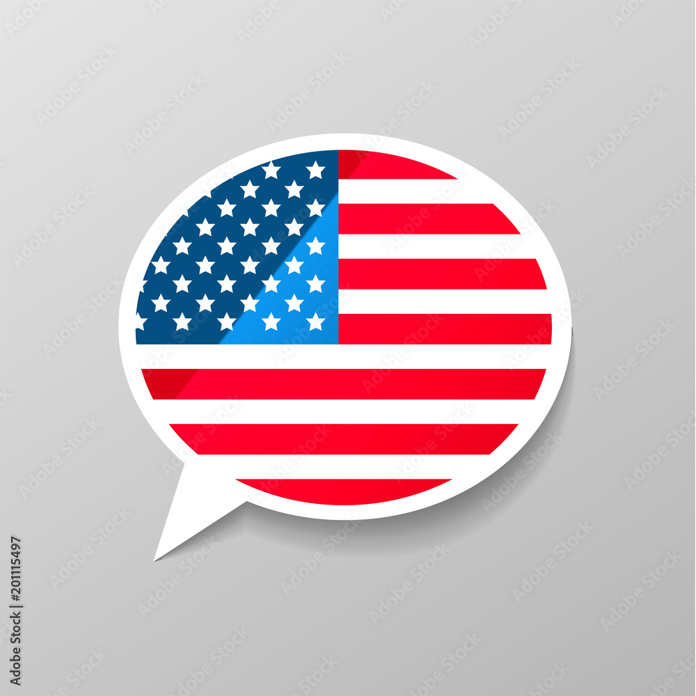 Bright glossy sticker in speech bubble shape with USA flag, american english language concept Bright glossy sticker in speech bubble shape with USA flag, american english language concept