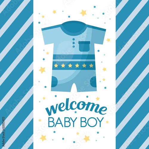 happy baby shower stars stripes blue background clothes welcome boy celebration vector illustration