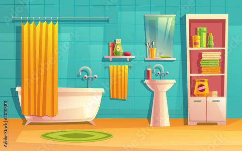 Vector bathroom interior, room with furniture, bathtub, shelves, mirror, faucet, curtain, sink washing gel shampoo Household background cartoon architecture decoration