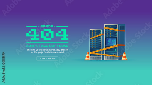 Sorry, page not found, 404 error vector concept illustration. Website is on maintenance or under construction, homepage is broken. Blue cartoon background with server equipment and yellow warning tape