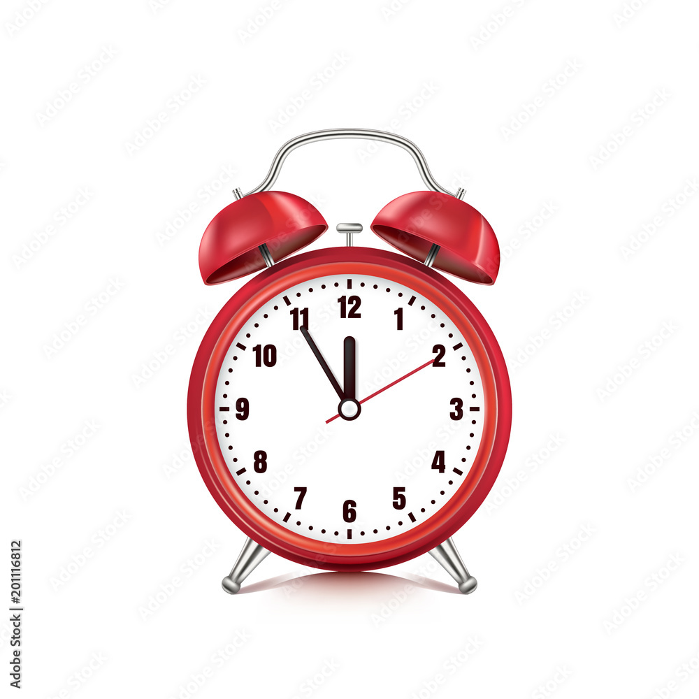 Vector realistic 3d illustration of red alarm clock, isolated on white background. Five minutes to twelve o'clock Vector realistic 3d illustration of red alarm clock, isolated on white background. Five minutes to twelve o'clock