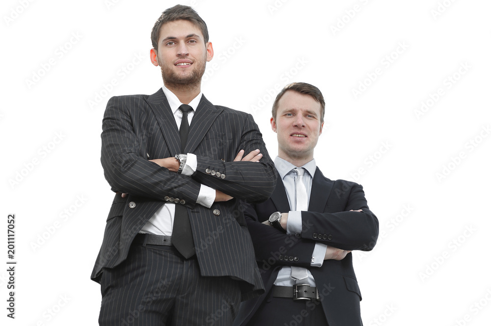 full growth.two business partners standing,isolated on white background. full growth.two business partners standing,isolated on white background.