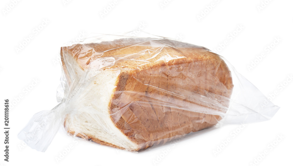 Sliced toast bread in plastic bag on white background