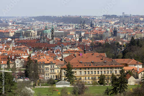 View on the sunny spring Prague with St. Nicholas' Cathedral, Czech Republic