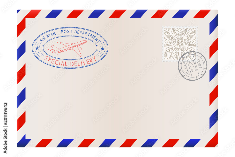Blank envelope with stamp and air mail postmark Blank envelope with stamp and air mail postmark