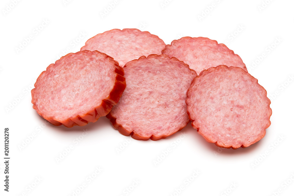 Slices of salami. Isolated on a white background. Slices of salami. Isolated on a white background.
