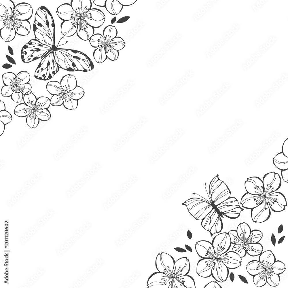 Sakura flowers and butterflies. Spring illustration with place for text on a white background.Corner composition. Greeting card, invitation or isolated elements for design. Sakura flowers and butterflies. Spring illustration with place for text on a white background.Corner composition. Greeting card, invitation or isolated elements for design.