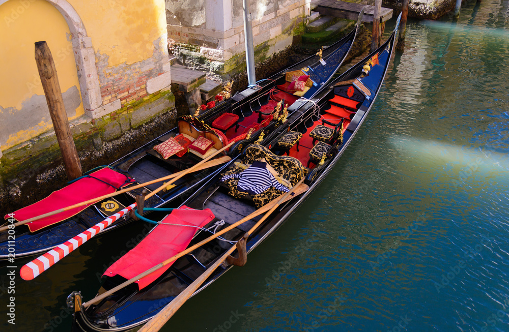 Gondolas as seen in grand canal of Venice Italy