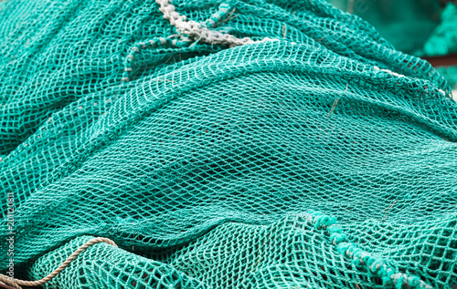 Pile of green fishing nets