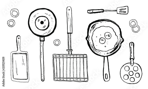 Vector hand drawn outline ink black and white sketch illustration of kitchen devices for grill on white background