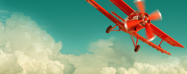 Acrylglasbilder Alte Flugzeuge Roter Doppeldecker im Retro-Himmel  © TanyaJoy