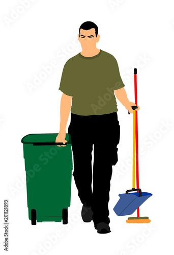 Floor care and cleaning services with washing mop in sterile factory or clean hospital. Cleaning man service vector illustration.  trash bin with worker cleaning the road background.