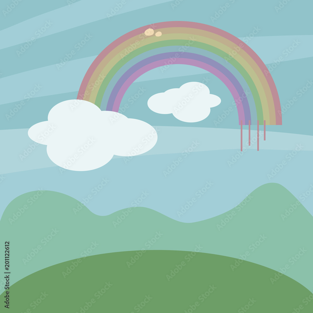 rainbow vector beautiful cartoon with a cloud on a background of a blue sky, hills and a green meadow illustration