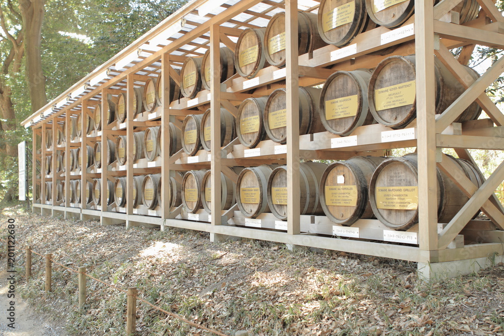Obraz premium Wooden barrels of wine from Provenance of the Bourgogne (Burgundy) for consecration at the Meiji Shrine in Shibuya, Tokyo, Japan