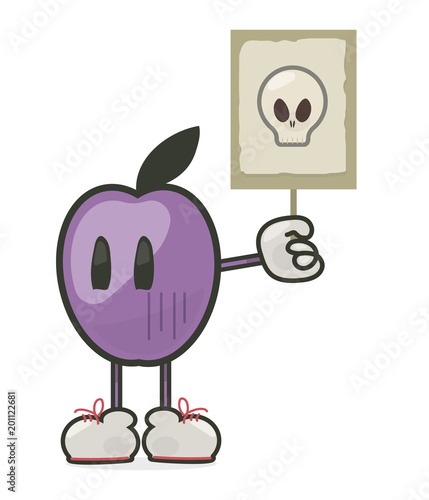 purple juicy with eyes plum in sneakers holds a transporter with a picture of a poisonous chemical skull isolated on a white background vector object