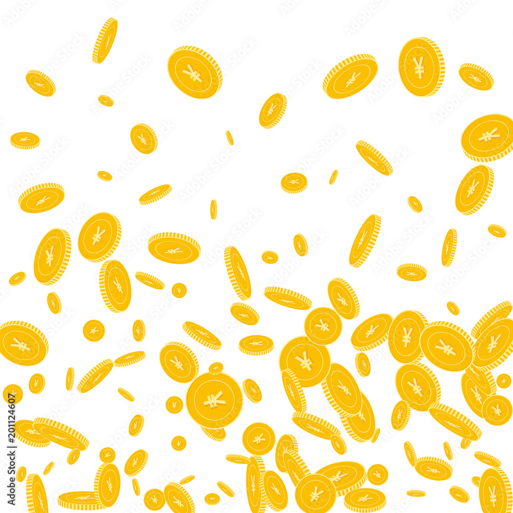 Chinese yuan coins falling. Scattered disorderly CNY coins on white background. Fancy bottom gradient vector illustration. Jackpot or success concept. Chinese yuan coins falling. Scattered disorderly CNY coins on white background. Fancy bottom gradient vector illustration. Jackpot or success concept.